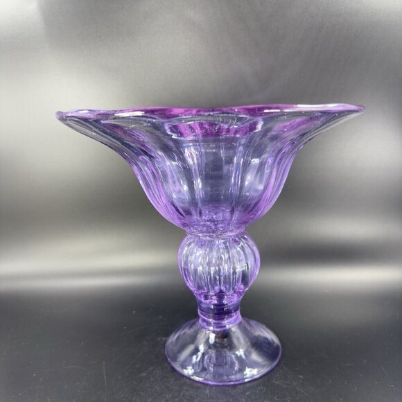 Large Hand Blown Pedestal Bright Purple Lilac Glass Bowl Footed Vase Vintage - Picture 13 of 16